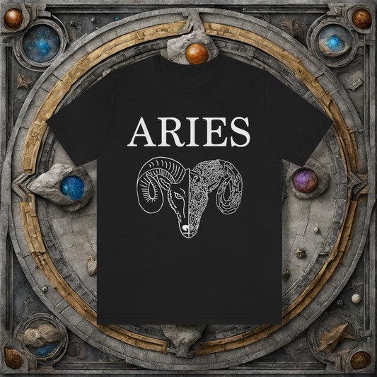 Aries Astrology Tee with Black and White Robot Ram Head