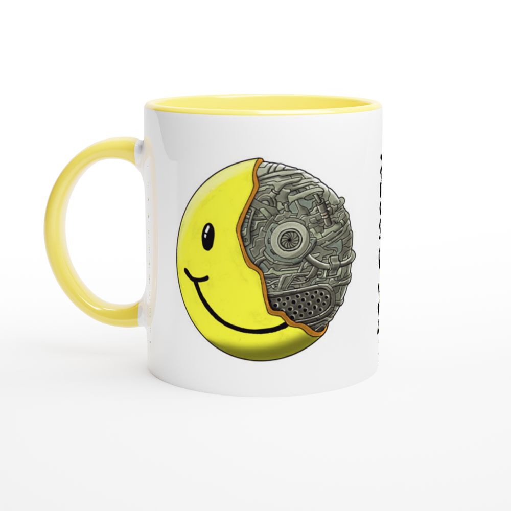 Smiley Bot - Yellow 11oz Ceramic Mug with Color Inside